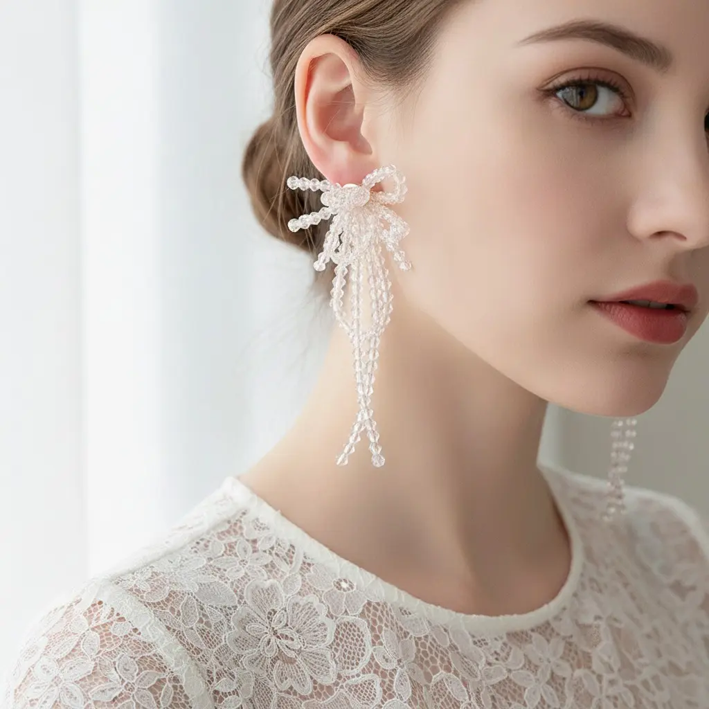 Aurora Crystal Bow Tassel Drop Earring — view 2