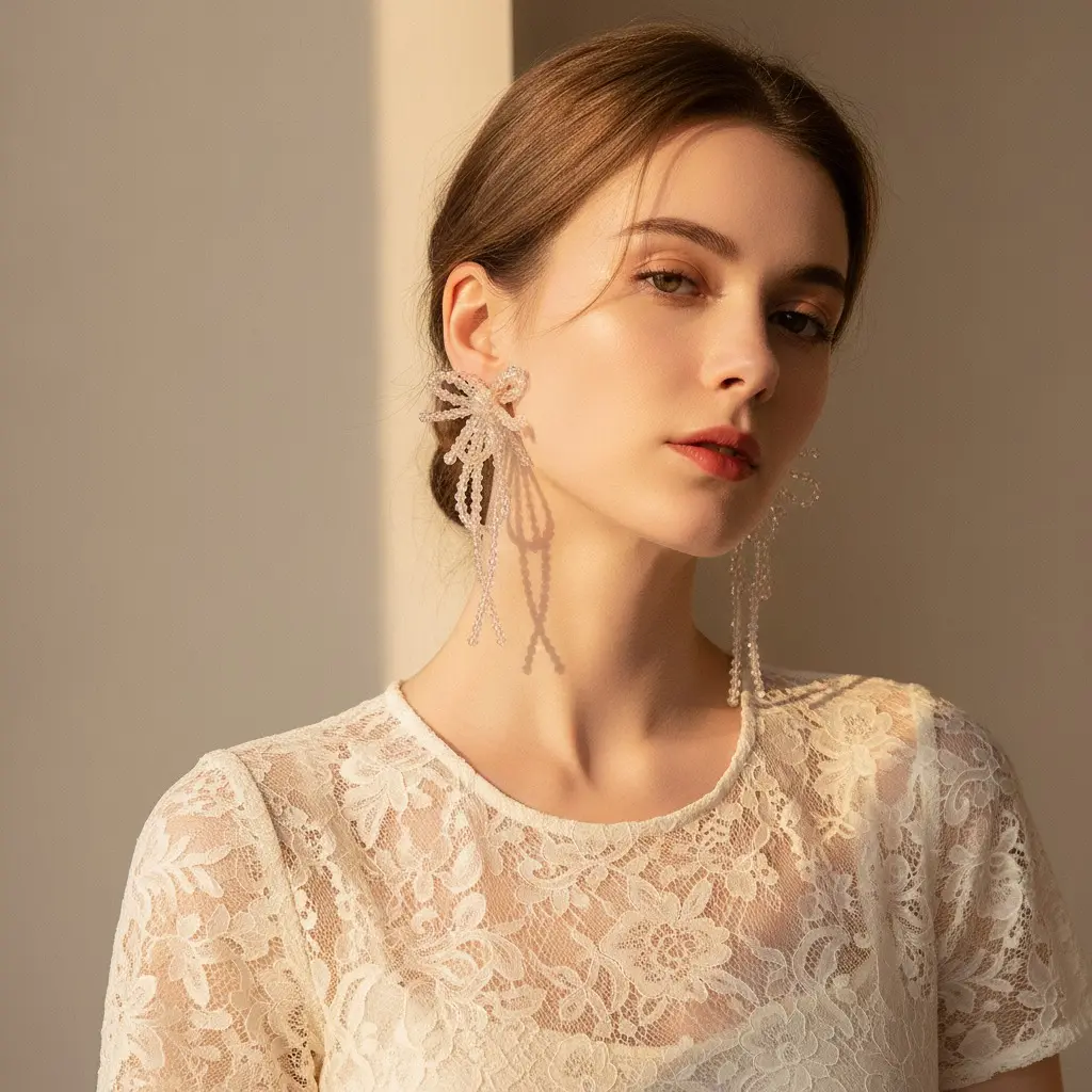 Aurora Crystal Bow Tassel Drop Earring — view 3