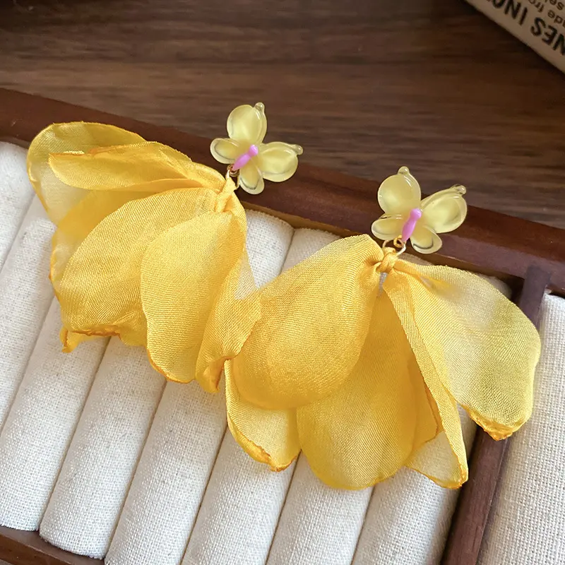 Golden Butterfly Chiffon Petal Drop Earring — front view