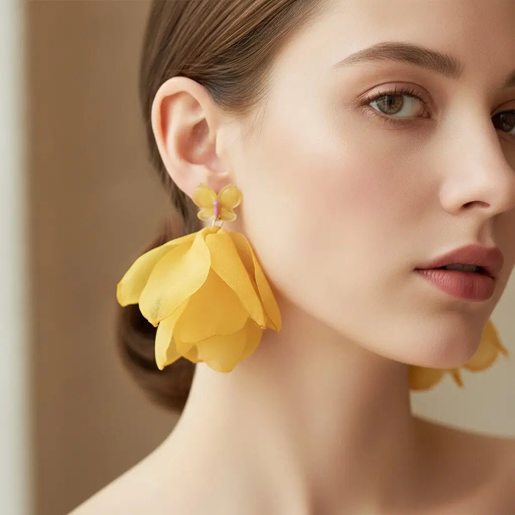 Golden Butterfly Chiffon Petal Drop Earring — view 2