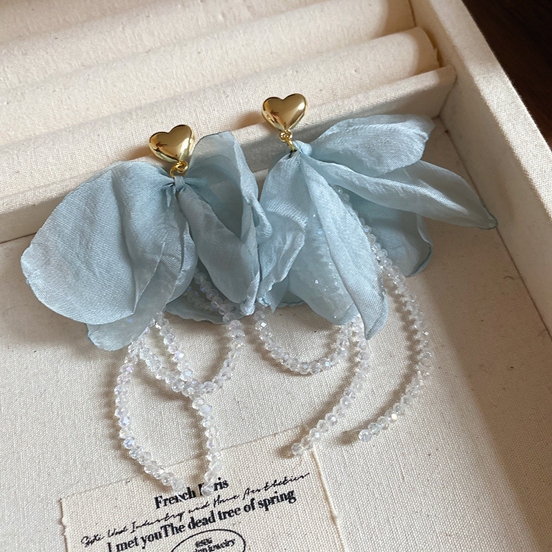 Mist Blue Silk Bow Gold Heart Drop Earring