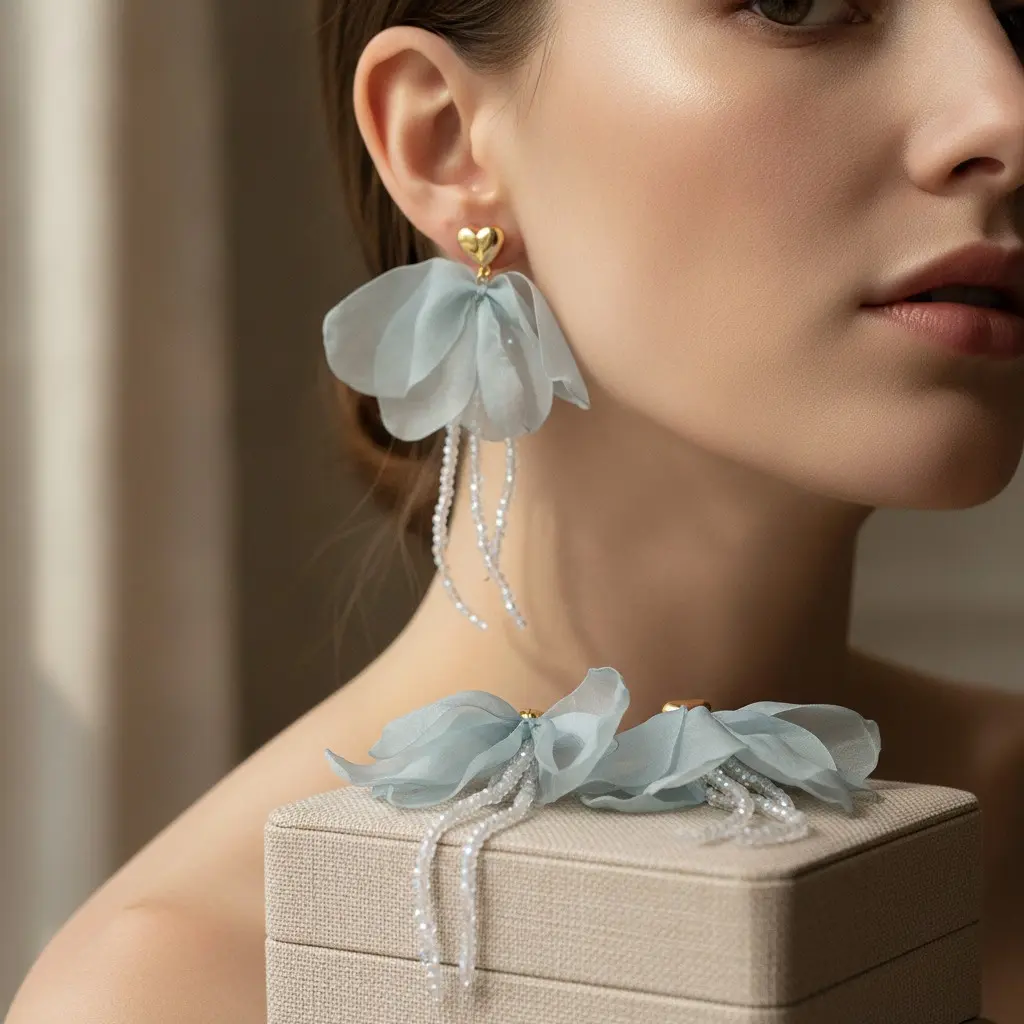 Mist Blue Silk Bow Gold Heart Drop Earring — view 2