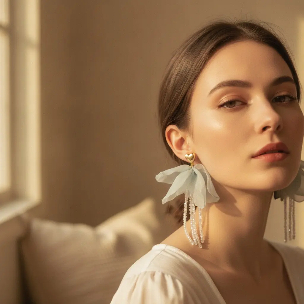 Mist Blue Silk Bow Gold Heart Drop Earring — view 3