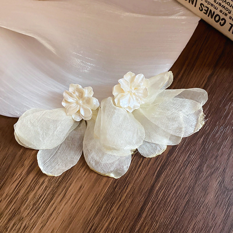 Shell White Organza Bow Crystal Fringe Drop Earring