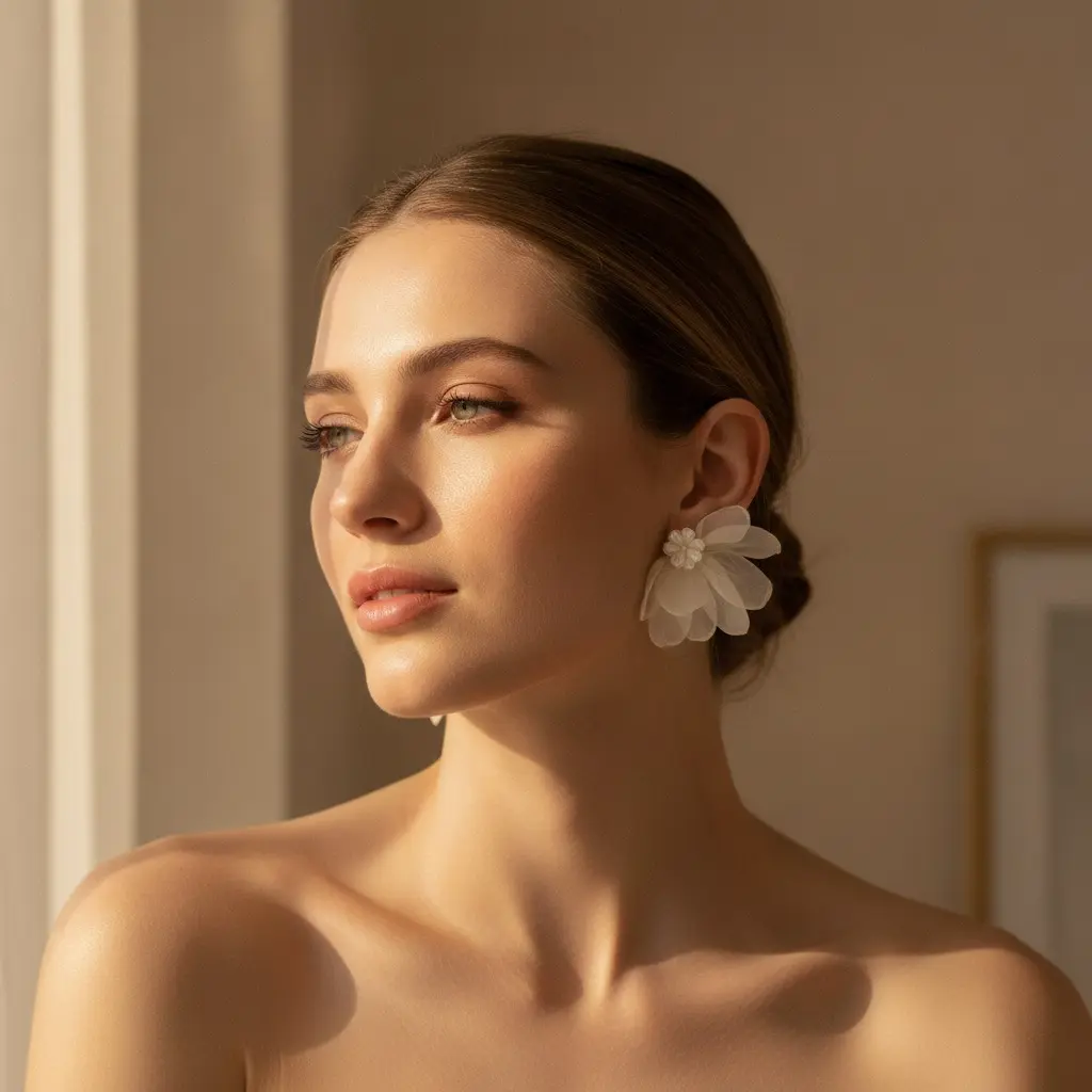 Shell White Organza Bow Crystal Fringe Drop Earring — view 2