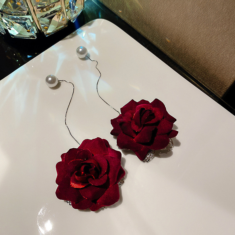 Crimson Velvet Rose Pearl Thread Drop Earring