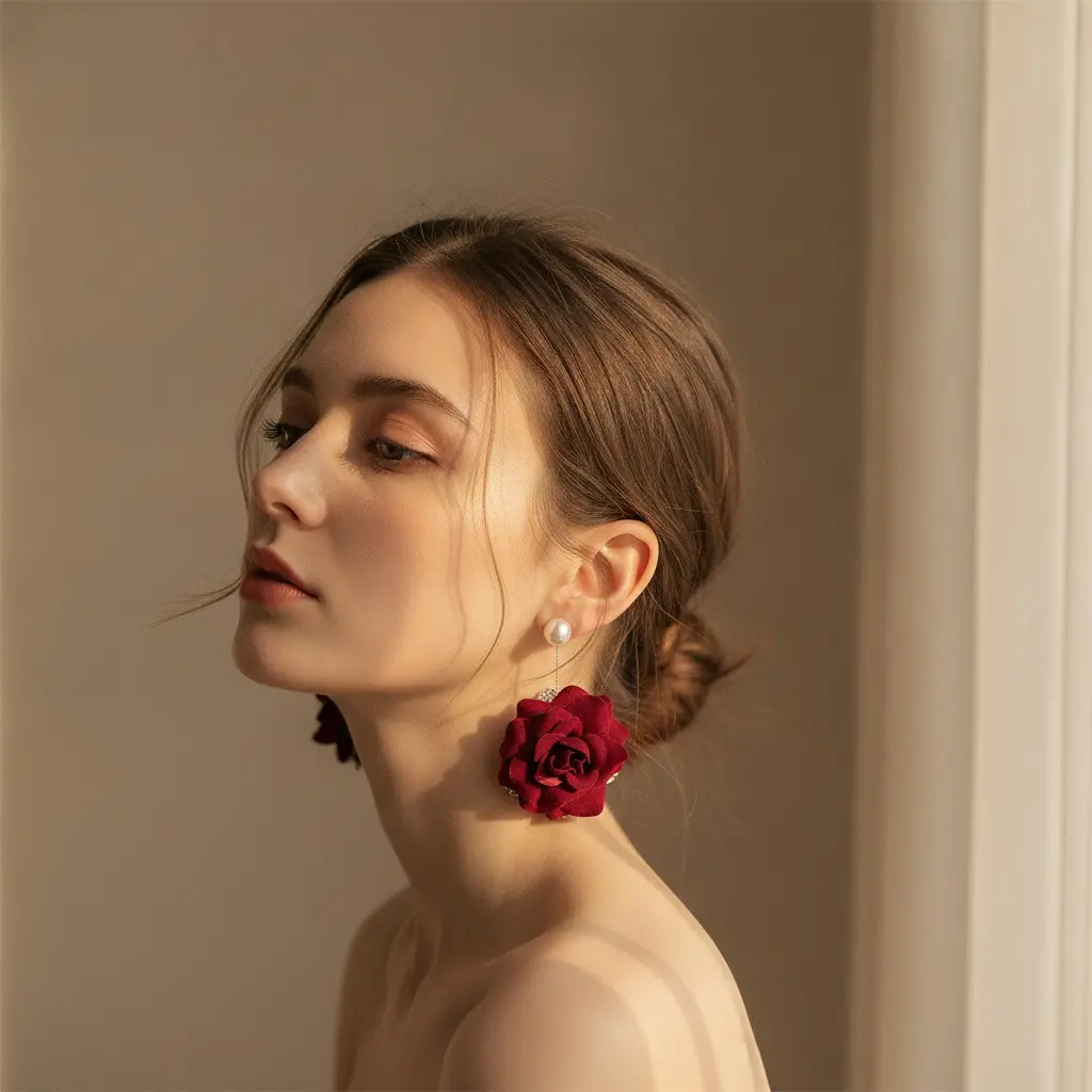 Crimson Velvet Rose Pearl Thread Drop Earring — view 2