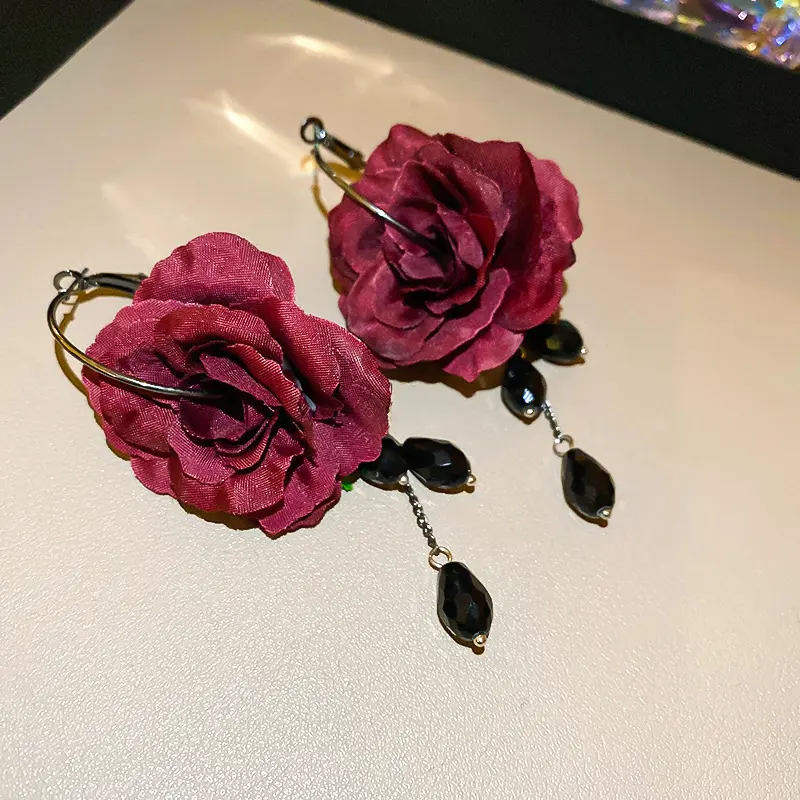 Burgundy Fabric Rose Black Jet Drop Earring — front view