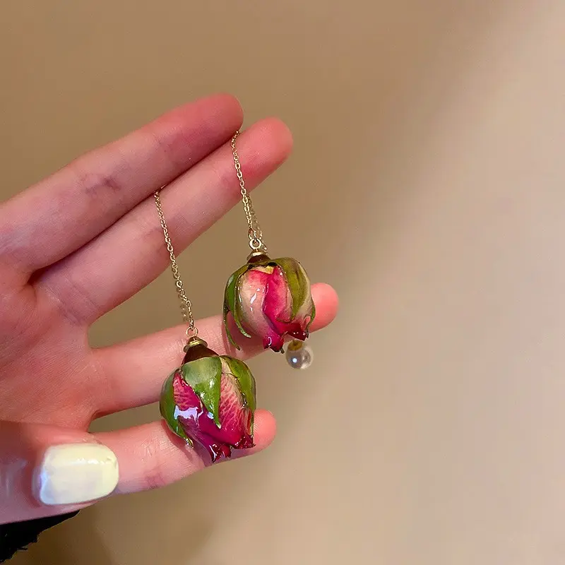 Fuchsia Rosebud Resin Teardrop Drop Earring — front view