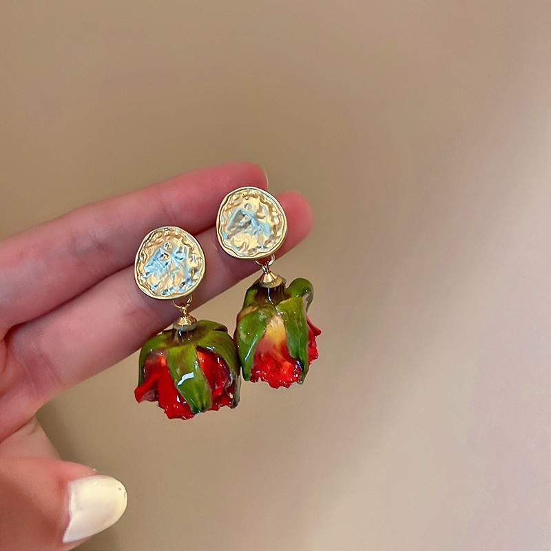 Scarlet Rosebud Hammered Gold Drop Earring
