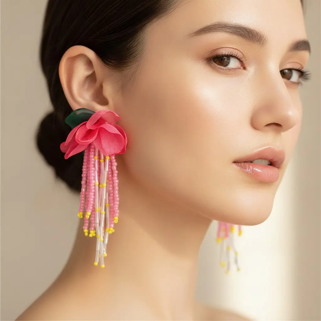 Fuchsia Organza Rose Seed Bead Fringe Drop Earring — view 3