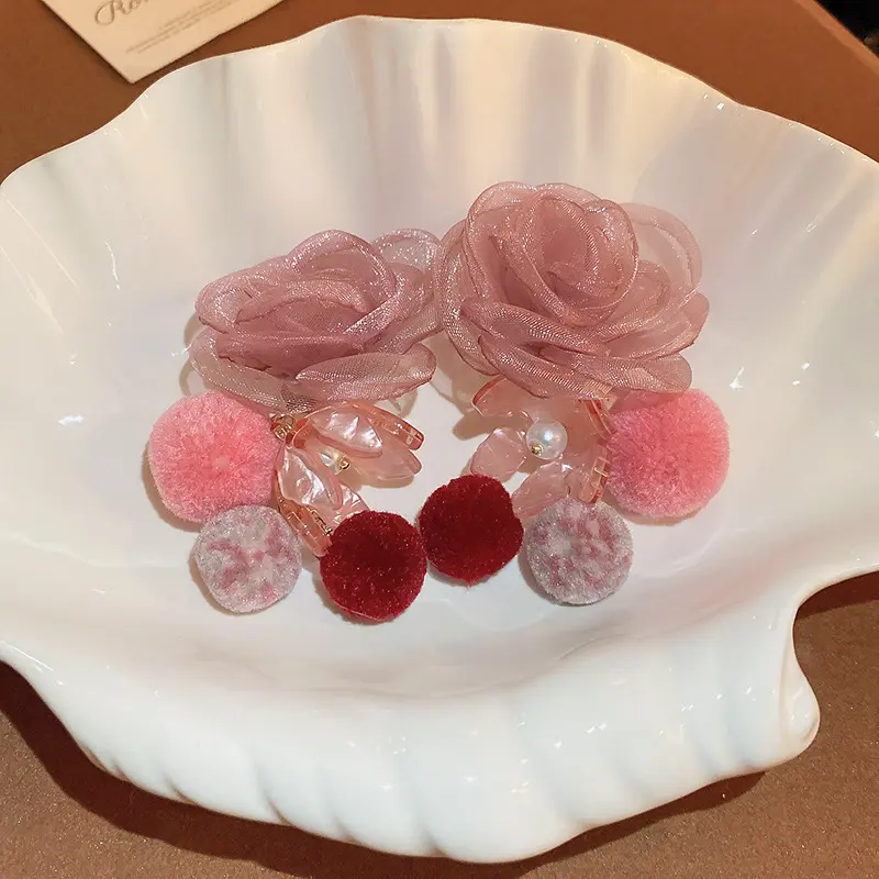 Dusty Rose Mesh Camellia Pompom Drop Earring — front view