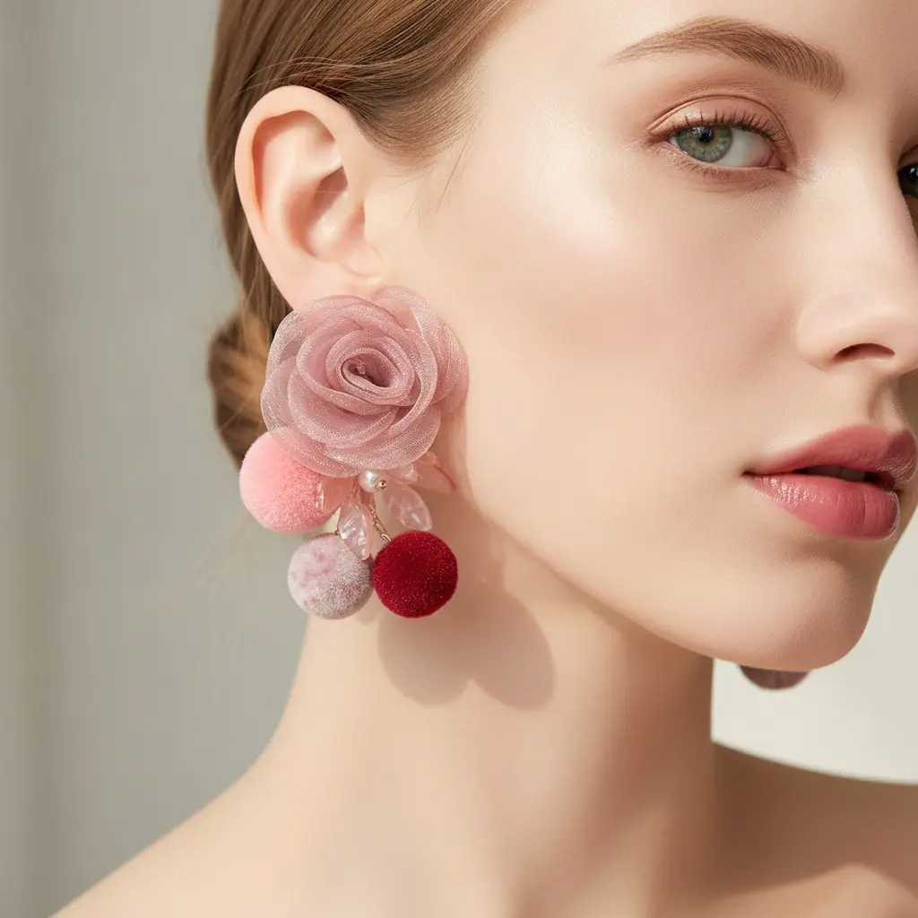 Dusty Rose Mesh Camellia Pompom Drop Earring — view 2