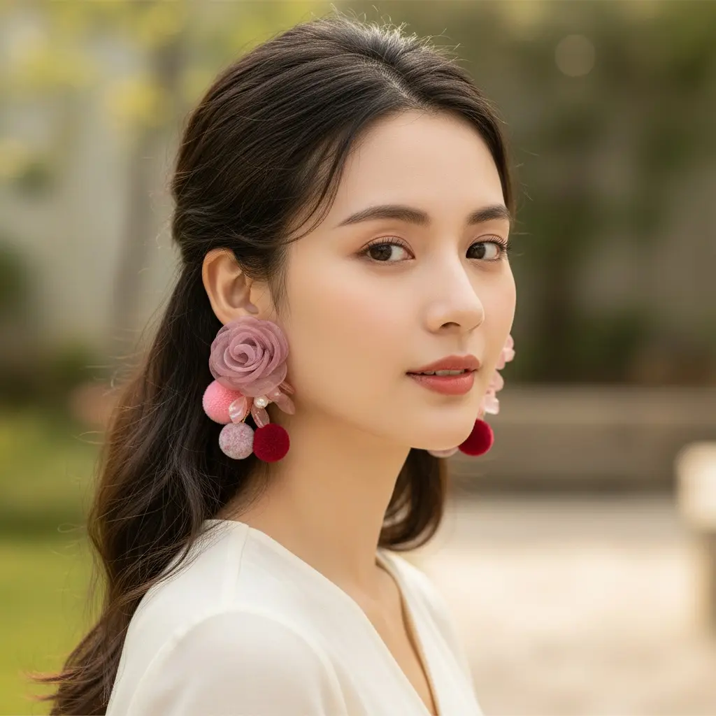 Dusty Rose Mesh Camellia Pompom Drop Earring — view 3