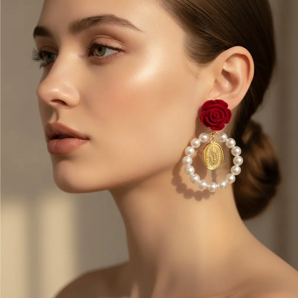Crimson Velvet Rose & Pearl Hoop Drop Earring — view 2