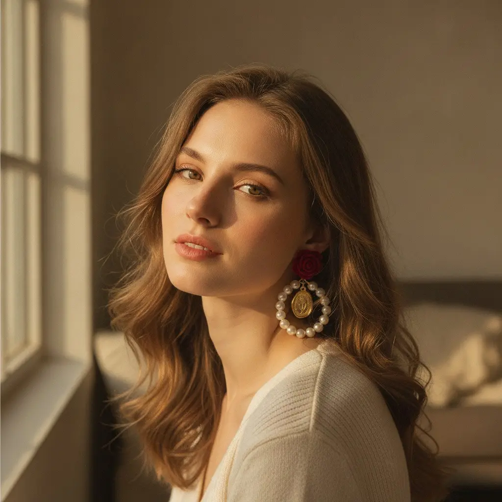 Crimson Velvet Rose & Pearl Hoop Drop Earring — view 3