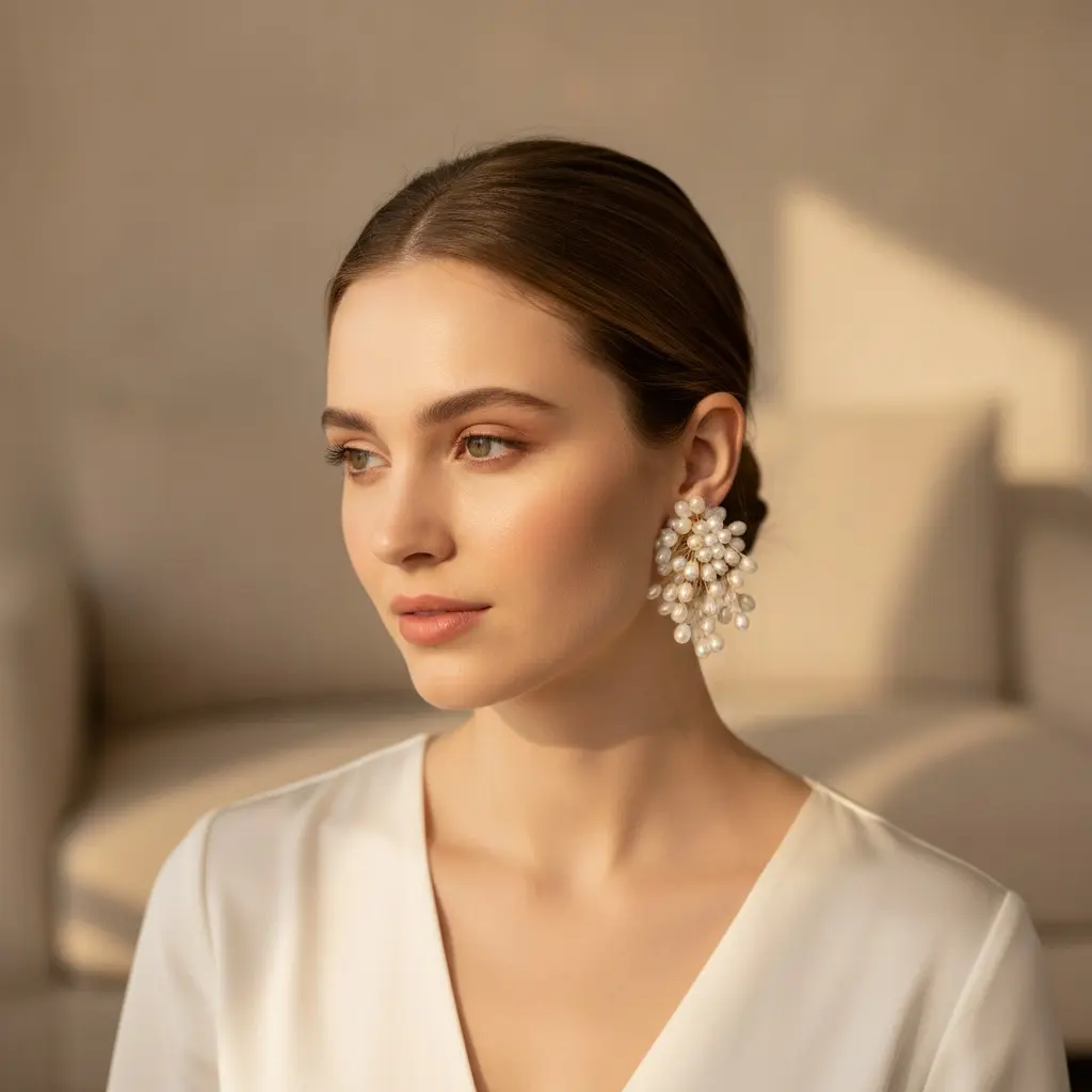 Ivory Freshwater Pearl Spray Stud Earring — view 2