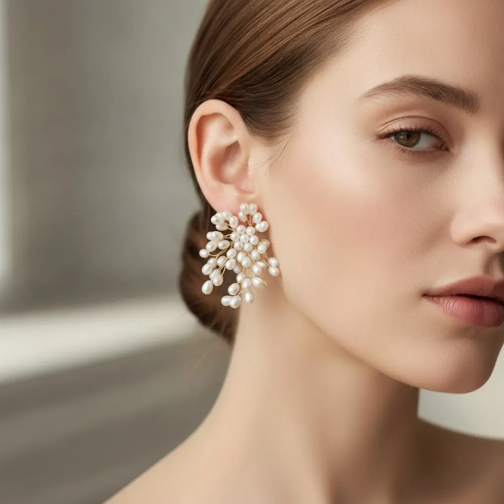 Ivory Freshwater Pearl Spray Stud Earring — view 3