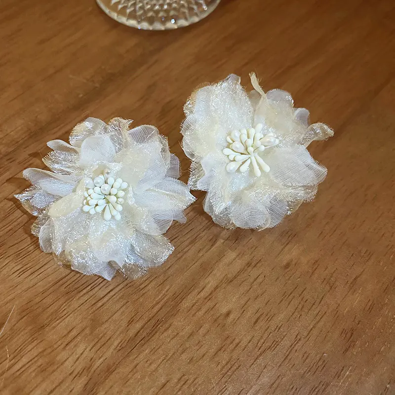Bridal Tulle Blossom Pearl Stud Earring — front view