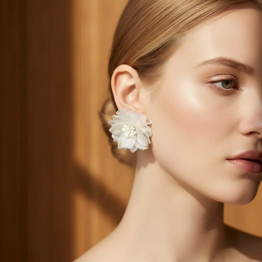 Bridal Tulle Blossom Pearl Stud Earring — view 2