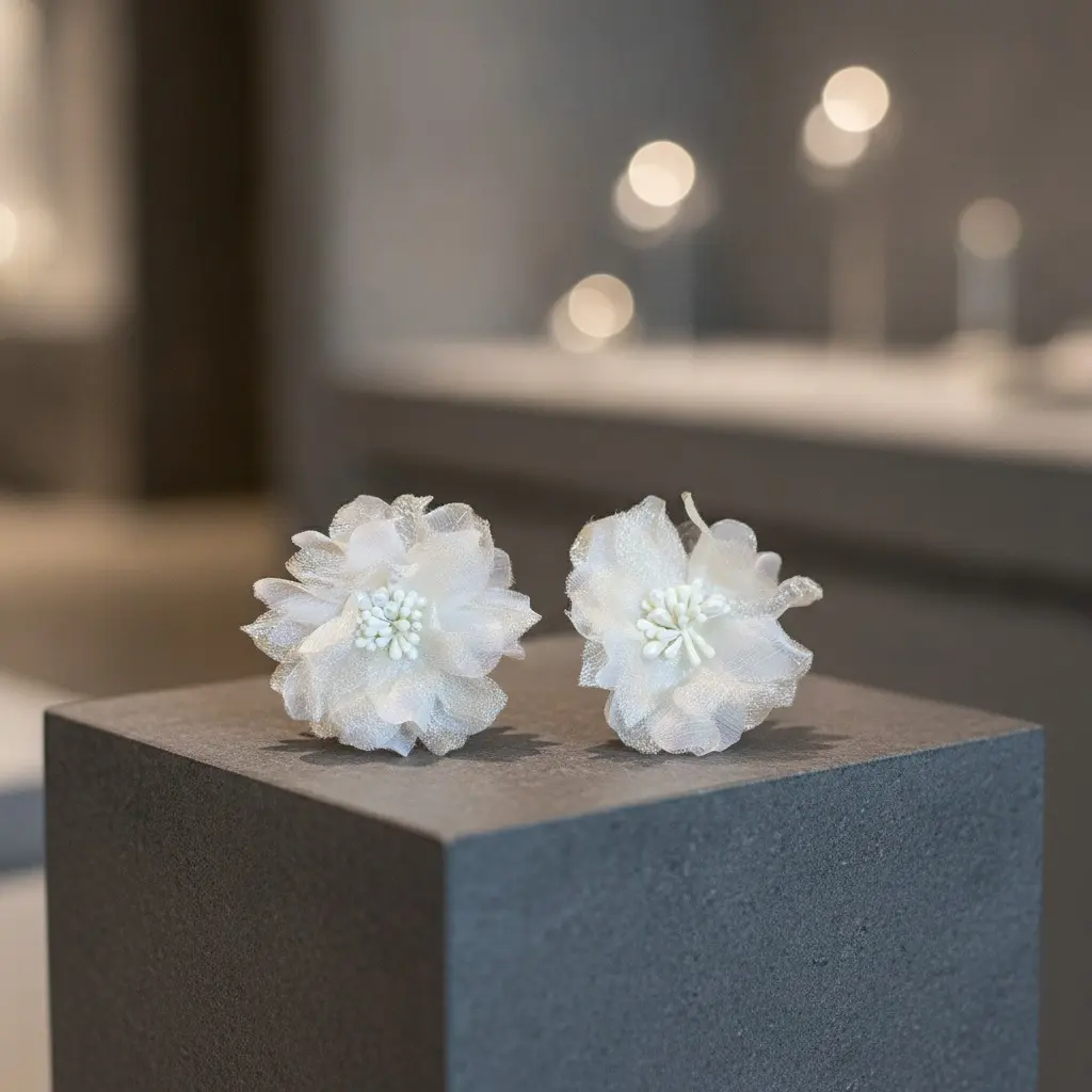Bridal Tulle Blossom Pearl Stud Earring — view 4