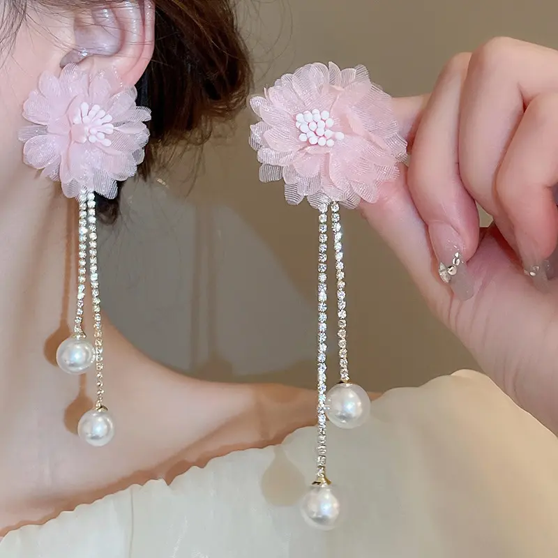 Blush Organza Bloom Crystal Tassel Drop Earring — front view