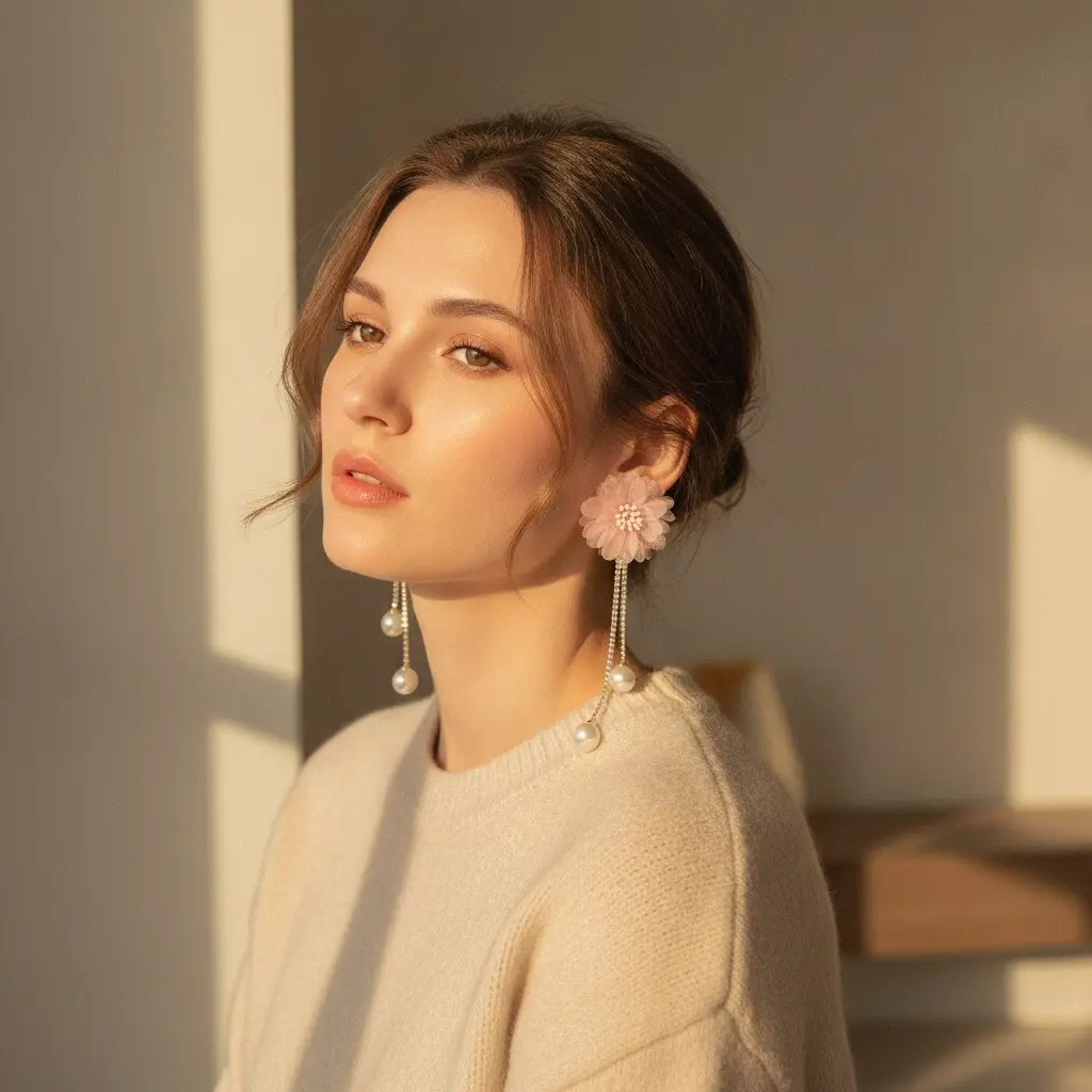 Blush Organza Bloom Crystal Tassel Drop Earring — view 2