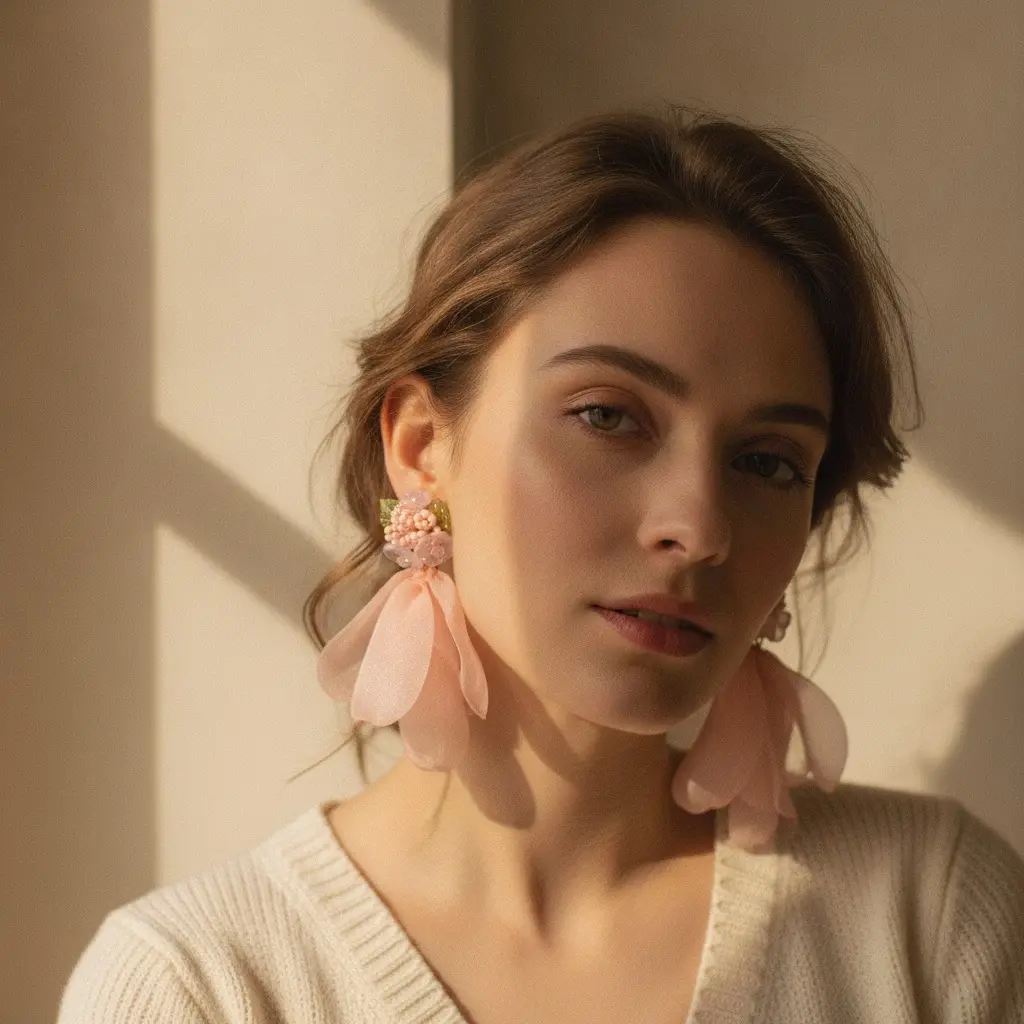 Rose Silk Petal & Berry Cluster Drop Earring — view 2