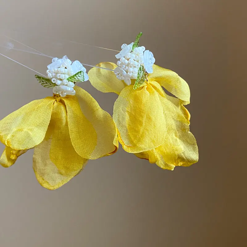 Buttercup Silk Petal & White Berry Drop Earring — front view