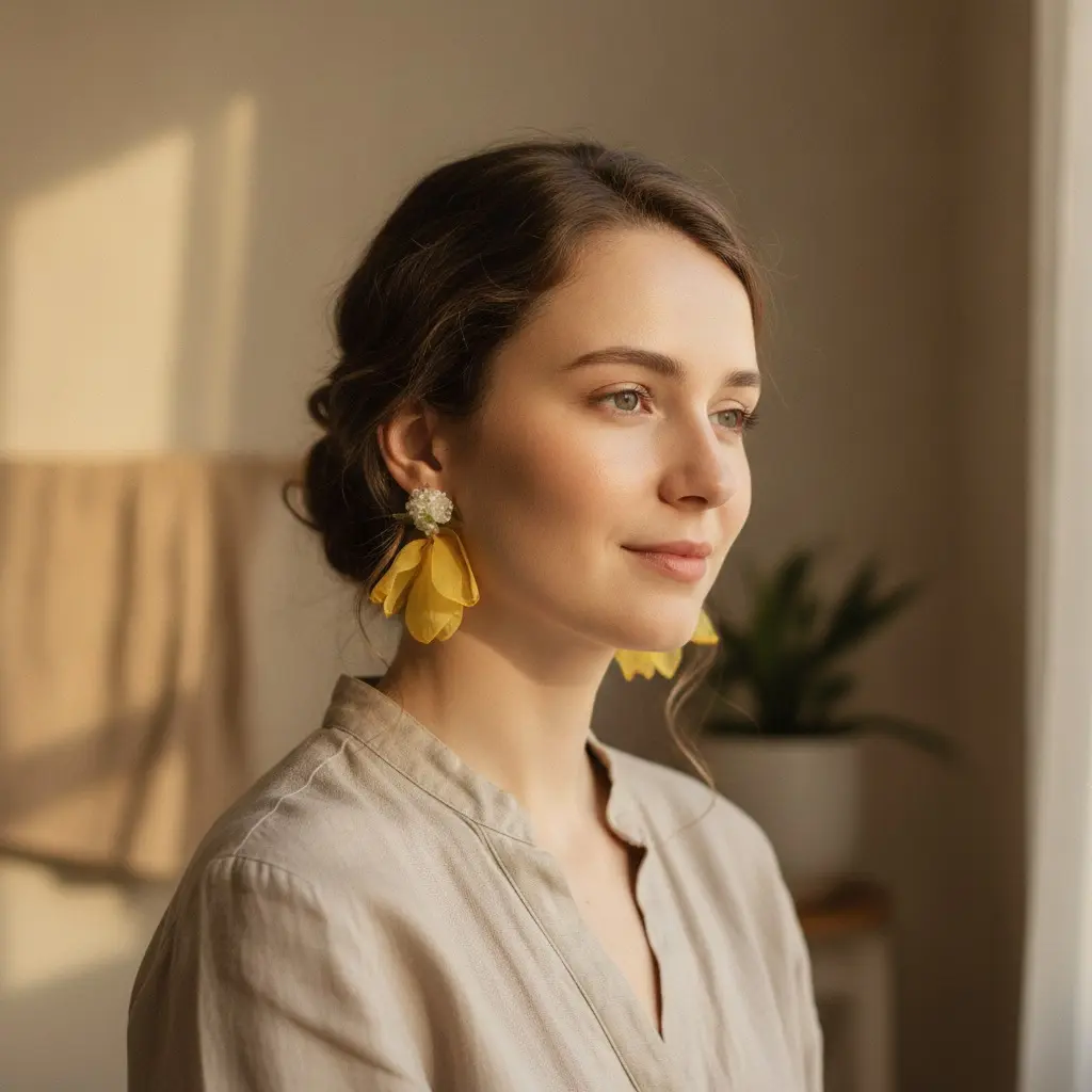 Buttercup Silk Petal & White Berry Drop Earring — view 2