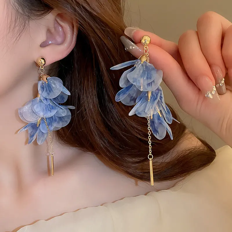 Powder Blue Organza Petal Gold Tassel Drop Earring — front view