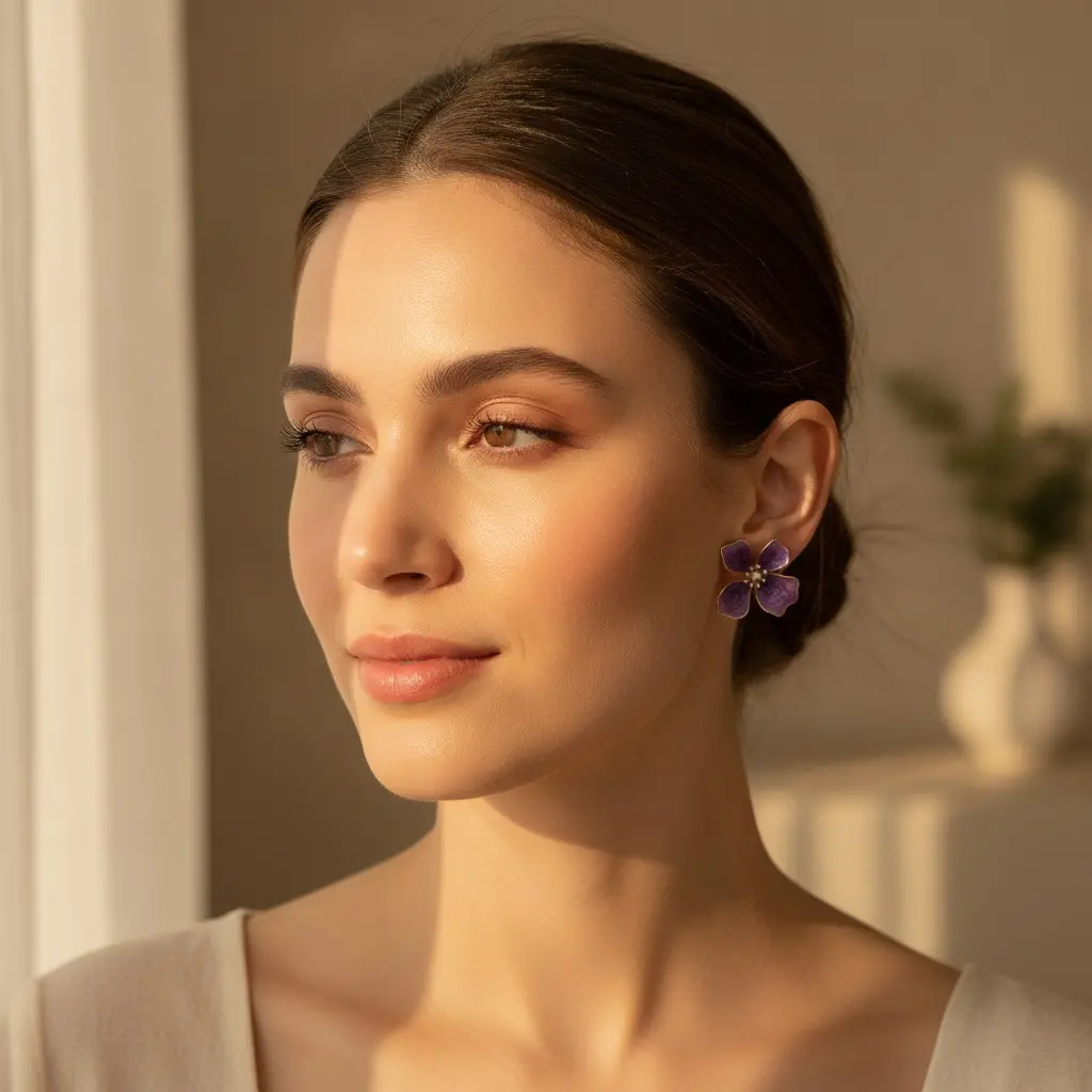 Amethyst Shimmer Four-Petal Pearl Stud Earring — view 2