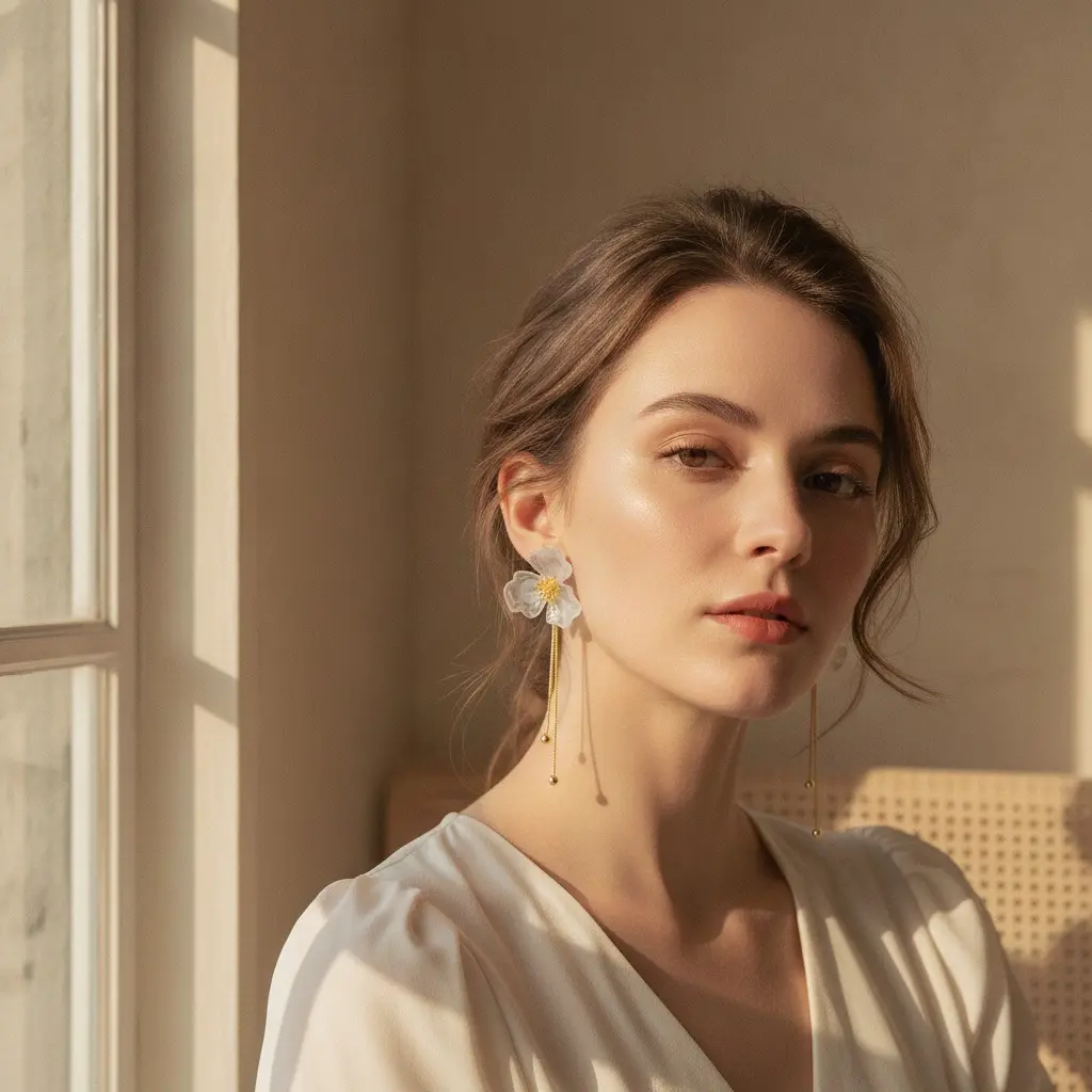 Frosted Crystal Bloom Gold Chain Drop Earring — view 2