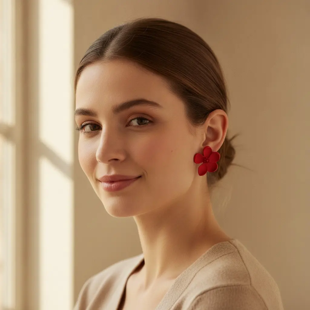 Scarlet Matte Five-Petal Stud Earring — view 2