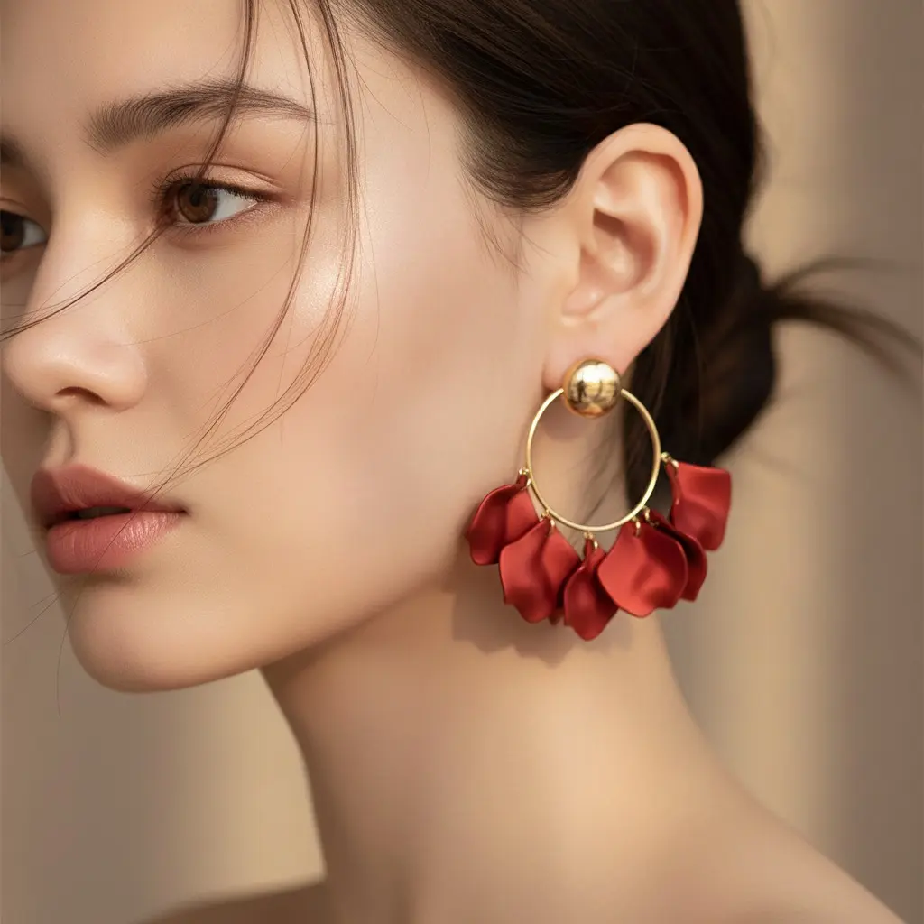 Crimson Satin Ruffle Gold Hoop Drop Earring — view 3