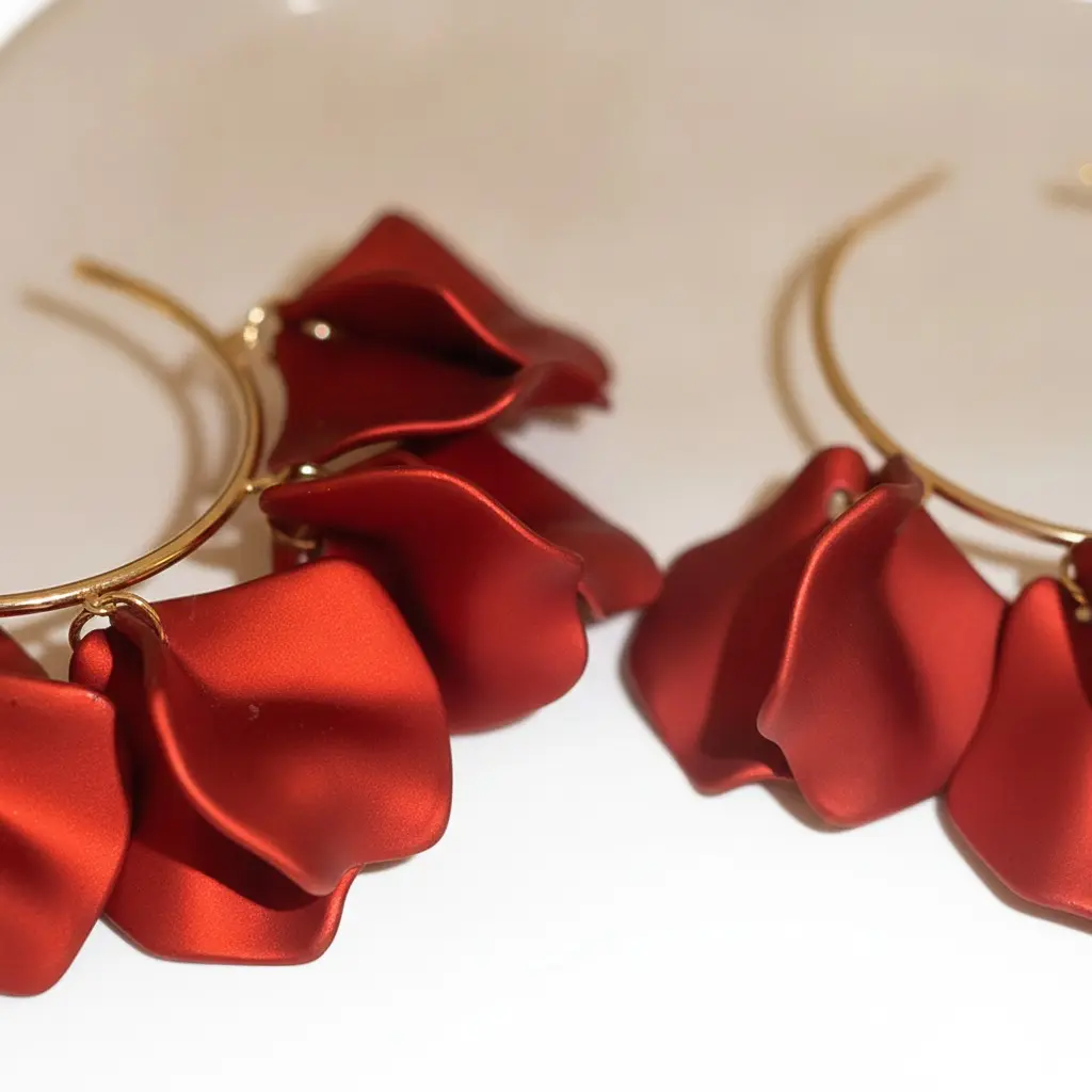 Crimson Satin Ruffle Gold Hoop Drop Earring — view 4