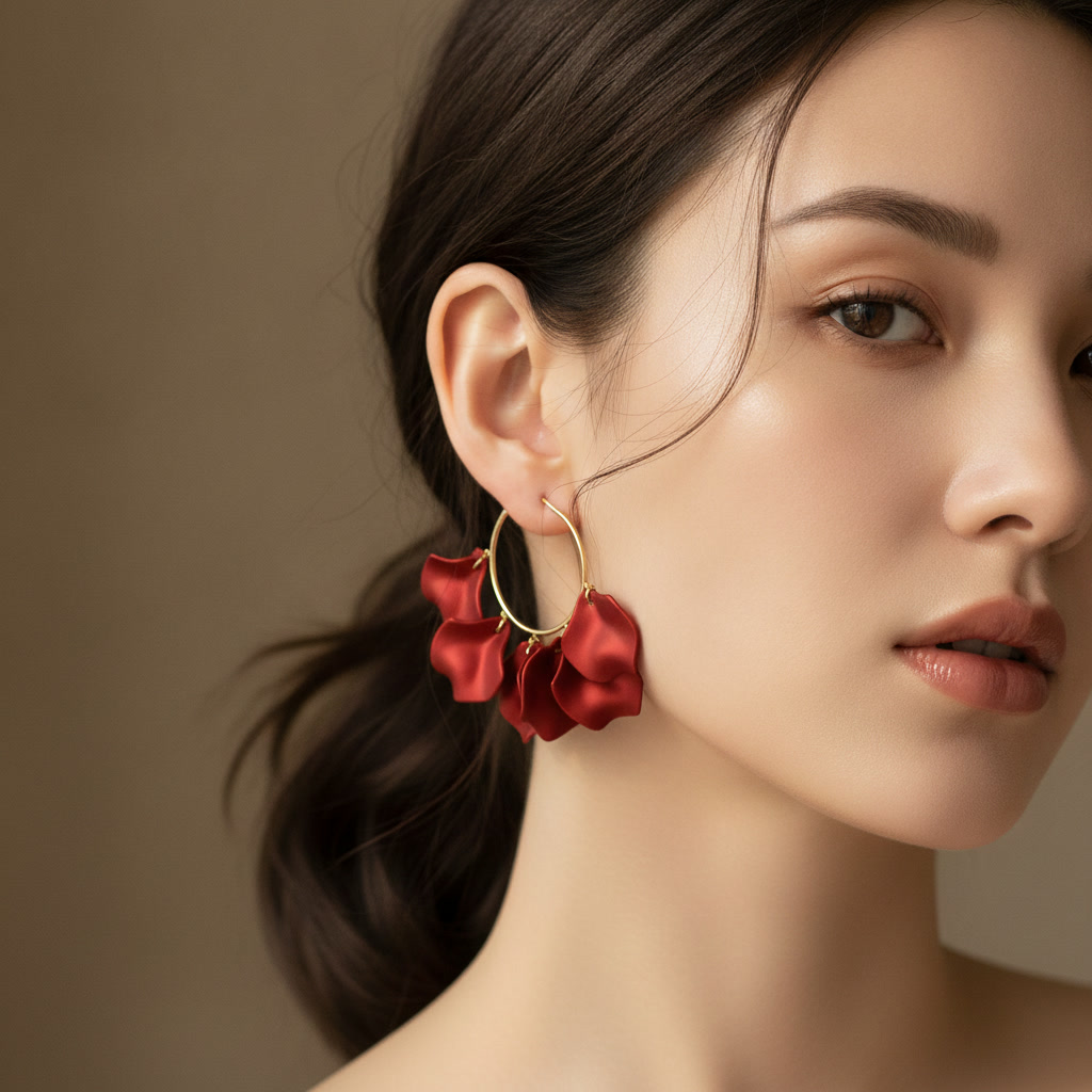 Crimson Satin Ruffle Gold Hoop Drop Earring