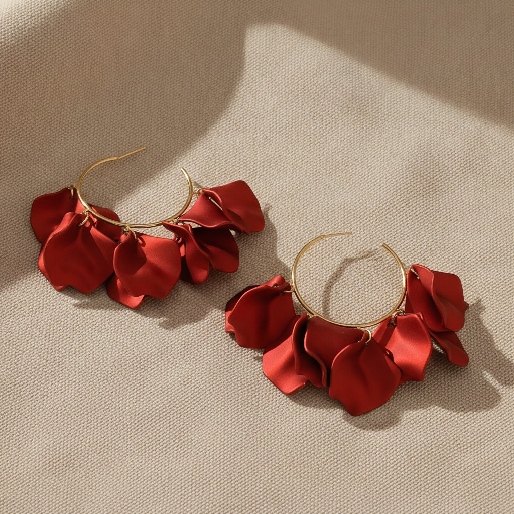 Crimson Satin Ruffle Gold Hoop Drop Earring