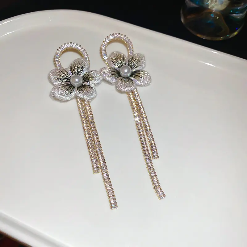 Silver Embroidered Bloom Pearl Crystal Tassel Drop Earring — front view