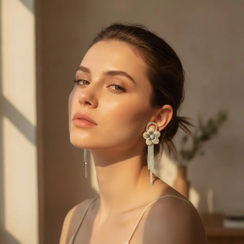 Silver Embroidered Bloom Pearl Crystal Tassel Drop Earring — view 2