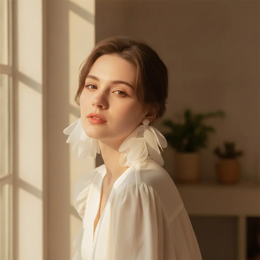 Ivory Chiffon Rose Petal Drop Earring — view 2