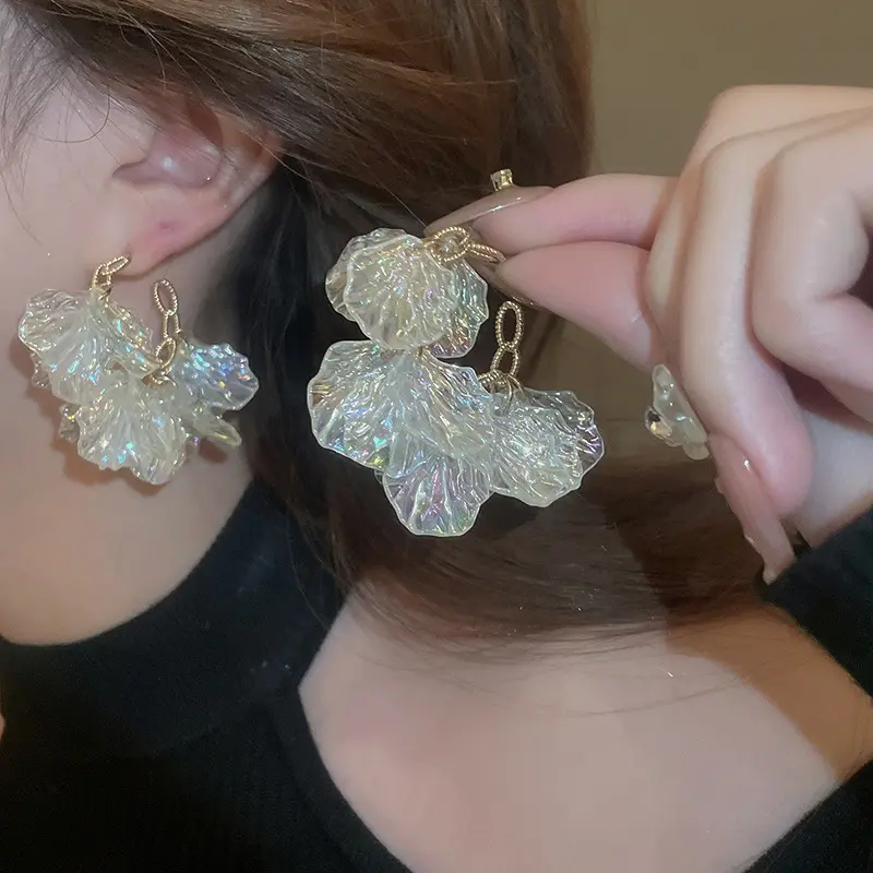 Iridescent Crystal Leaf Cascade Gold Drop Earring — front view