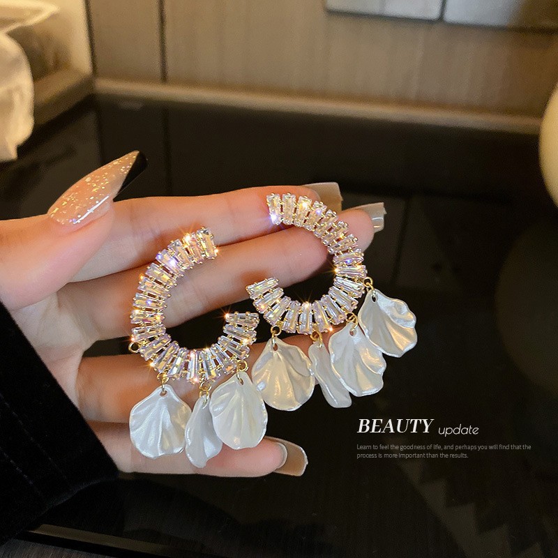 Crystal Baguette Hoop Ivory Petal Fringe Drop Earring