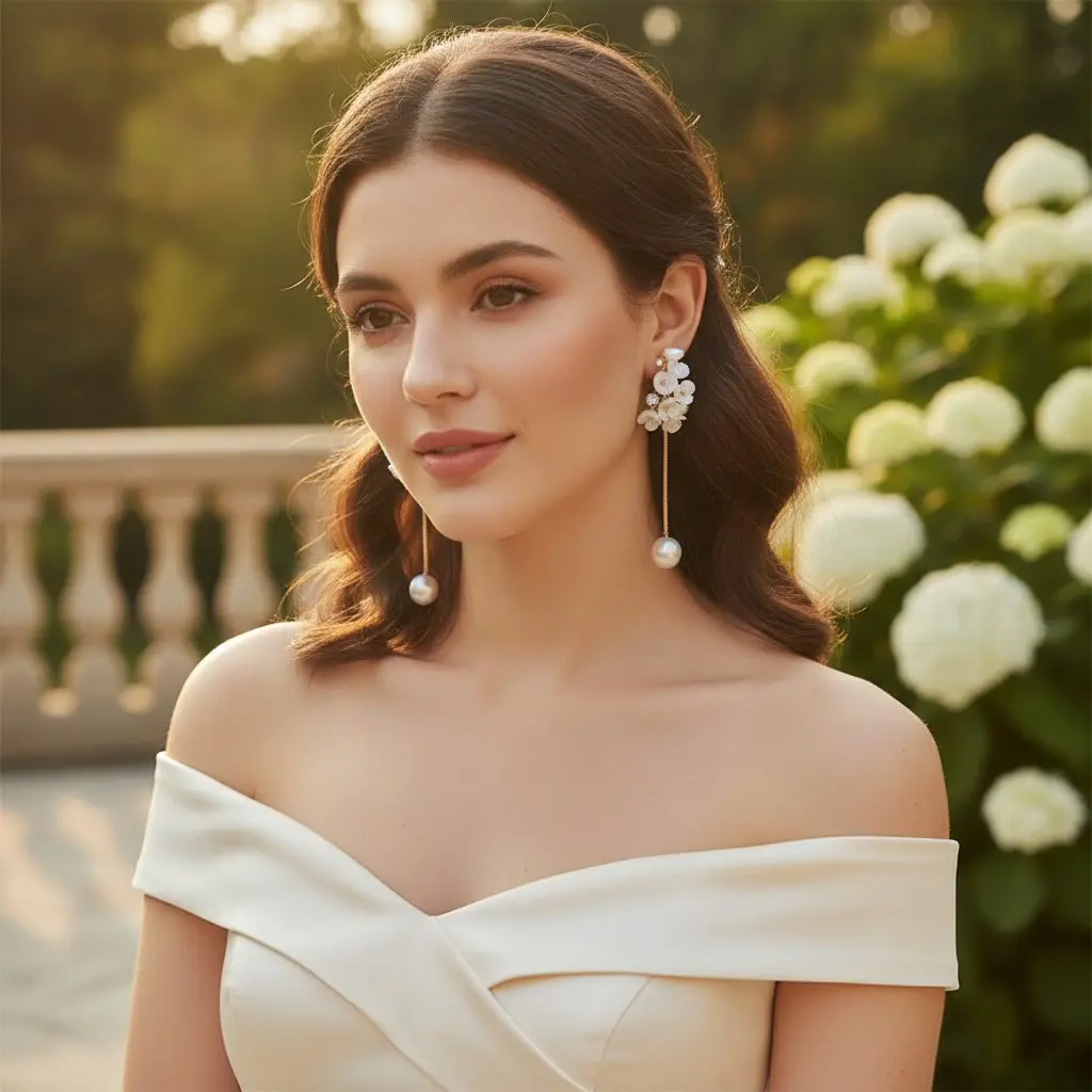 Shell Blossom Cluster Gold Thread Drop Earring — view 4