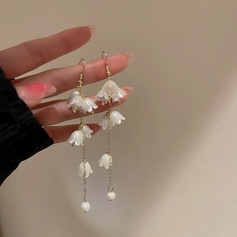 Ivory Bell Flower Gold Chain Pearl Drop Earring — front view
