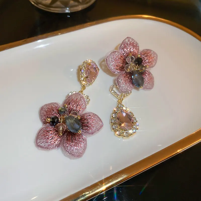 Mauve Embroidered Petal Smoky Crystal Drop Earring — front view