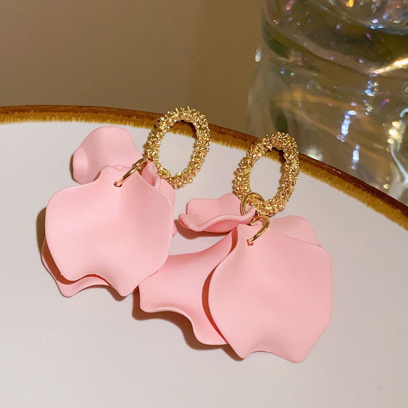 Candy Pink Ruffle Petal Gold Oval Drop Earring