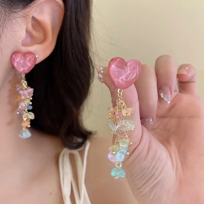 Rose Quartz Heart & Pastel Crystal Tassel Drop Earring