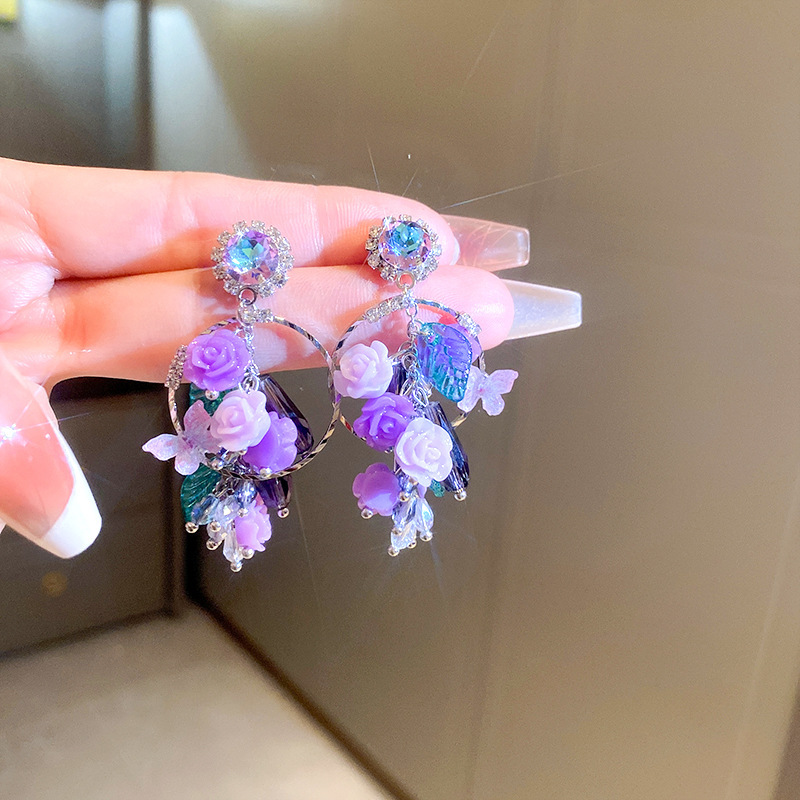 Violet Rose & Butterfly Crystal Garden Drop Earring
