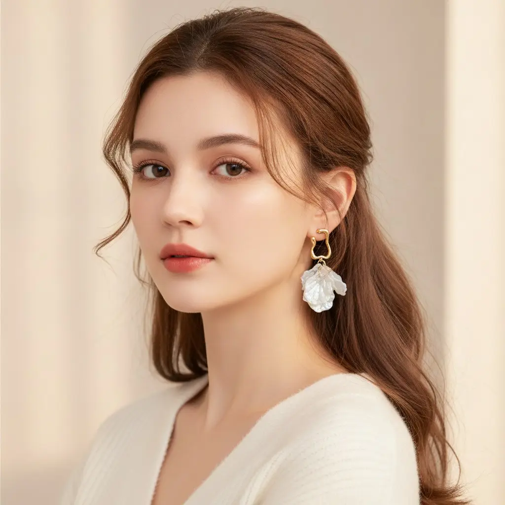 Opal Shell Petal Wavy Gold Hook Earring — view 3